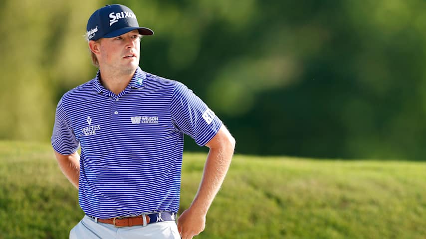 Cooper Dossey of the United States looks on prior to his shot from the 9th bunker during the first round of the Visit Knoxville Open 2025 at Holston Hills Country Club on May 22, 2025 in Knoxville, Tennessee. (Johnnie Izquierdo/Getty Images)