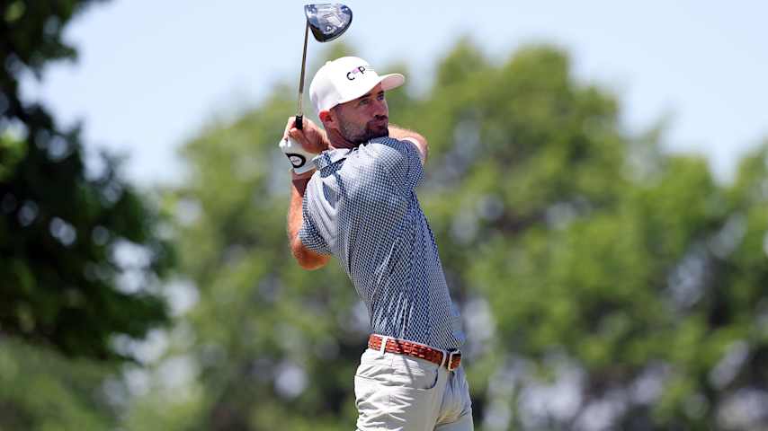 Dalton Ward of the United States plays his shot on the fourth hole during the second round of the AdventHealth Championship 2025 at Blue Hills Country Club on May 16, 2025 in Kansas City, Missouri. (David Berding/Getty Images)