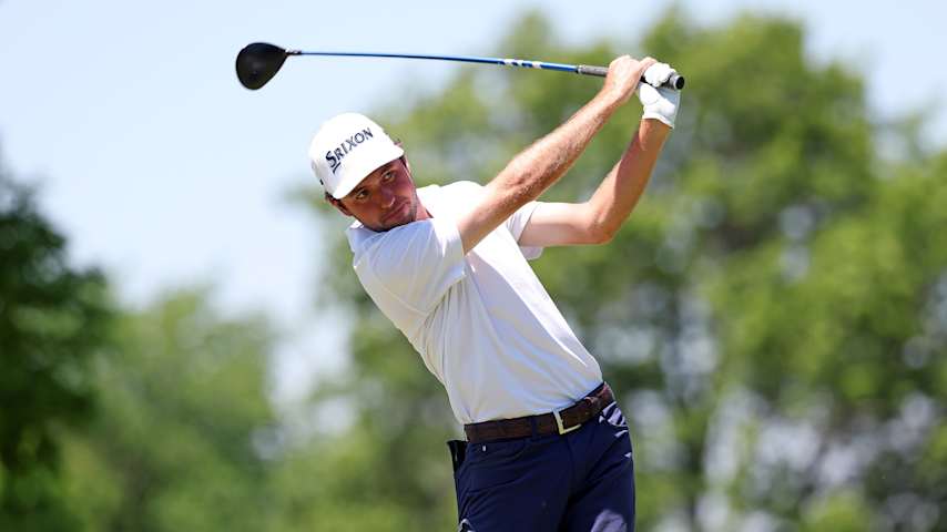 Davis Shore of the United States plays his shot on the fourth hole during the second round of the AdventHealth Championship 2025 at Blue Hills Country Club on May 16, 2025 in Kansas City, Missouri. (David Berding/Getty Images)