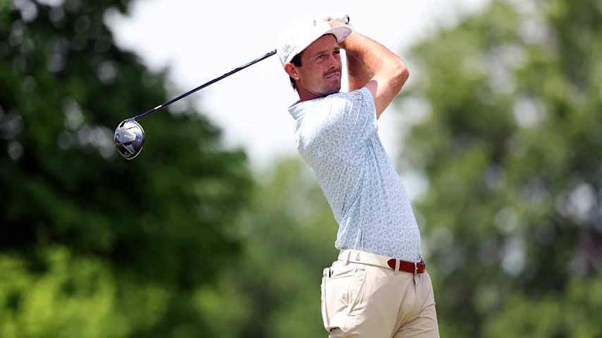 Dawson Armstrong of the United States plays his shot on the fourth hole during the first round of the AdventHealth Championship 2025 at Blue Hills Country Club on May 15, 2025 in Kansas City, Missouri. (David Berding/Getty Images)