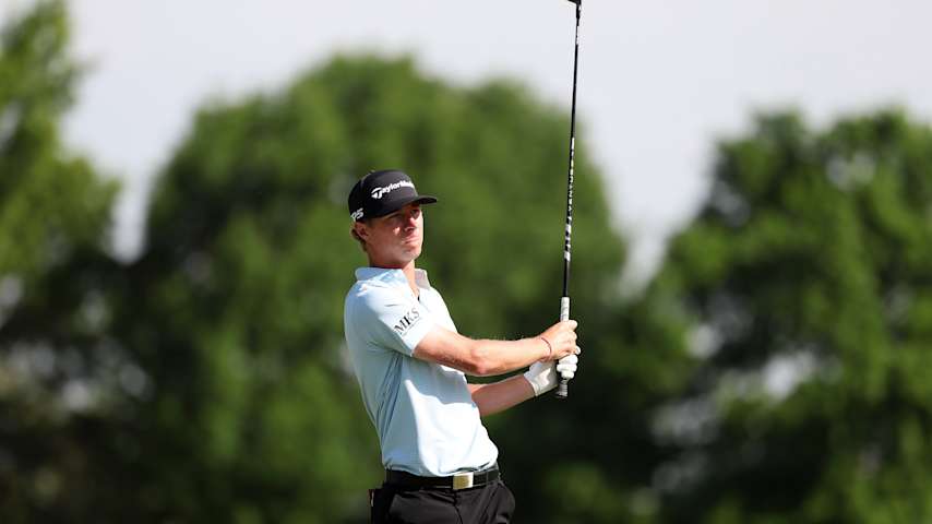 Harry Hillier of New Zealand plays his shot on the fourth hole during the first round of the AdventHealth Championship 2025 at Blue Hills Country Club on May 15, 2025 in Kansas City, Missouri. (David Berding/Getty Images)