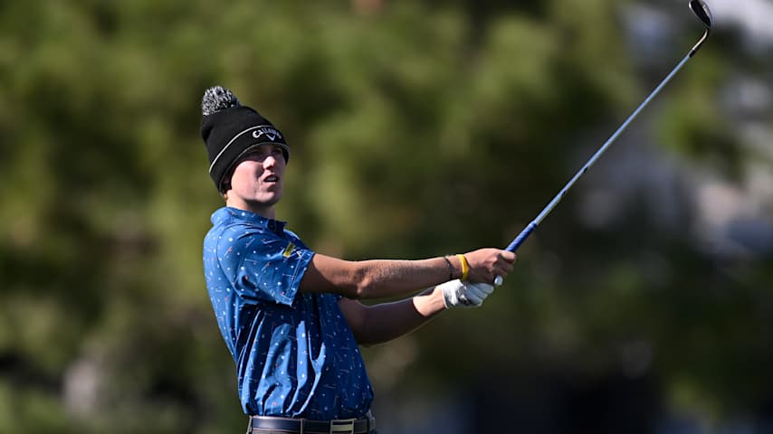 Ian Gilligan of the United States plays a shot on the first hole during the second round of the Shriners Children's Open 2024 at TPC Summerlin on October 18, 2024 in Las Vegas, Nevada. (Orlando Ramirez/Getty Images)