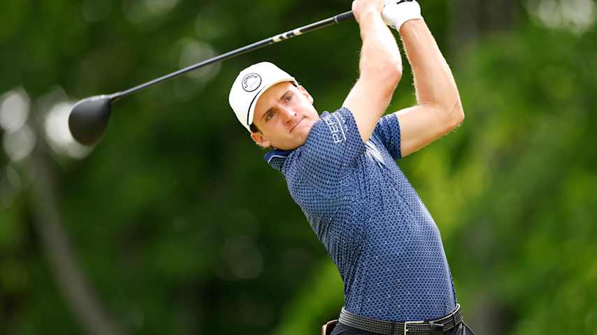 James Nicholas of the United States plays his shot from the 17th tee during the first round of the Visit Knoxville Open 2025 at Holston Hills Country Club on May 22, 2025 in Knoxville, Tennessee. (Johnnie Izquierdo/Getty Images)