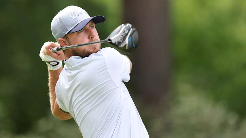 John VanDerLaan plays his tee shot on the eighth hole during the second round of the UNC Health Championship presented by STITCH 2025 at Raleigh Country Club on May 30, 2025 in Raleigh, North Carolina. (Grant Halverson/Getty Images)