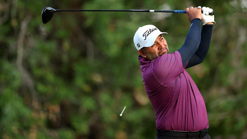 JosÃ© de JesÃºs RodrÃ­guez of Mexico plays his shot from the first tee during the second round of the 2025 Tulum Championship at PGA Riviera Maya on May 02, 2025 in Tulum, Mexico. (Luke Hales/Getty Images)