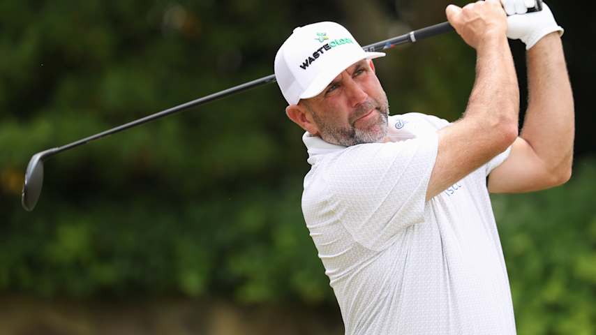 Josh Teater plays his tee shot on the first hole during the first round of the UNC Health Championship presented by STITCH 2025 at Raleigh Country Club on May 29, 2025 in Raleigh, North Carolina. (Grant Halverson/Getty Images)