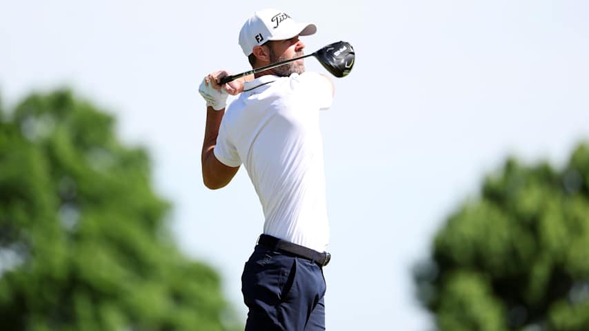 Kevin Tway of the United States plays his shot on the fourth hole during the first round of the AdventHealth Championship 2025 at Blue Hills Country Club on May 15, 2025 in Kansas City, Missouri. (David Berding/Getty Images)