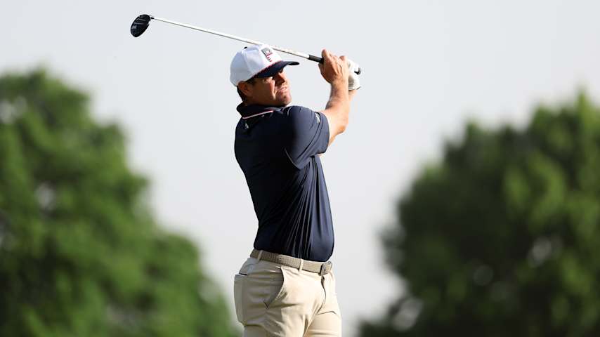 Kyle Westmoreland of the United States plays his shot on the fourth hole during the first round of the AdventHealth Championship 2025 at Blue Hills Country Club on May 15, 2025 in Kansas City, Missouri. (David Berding/Getty Images)