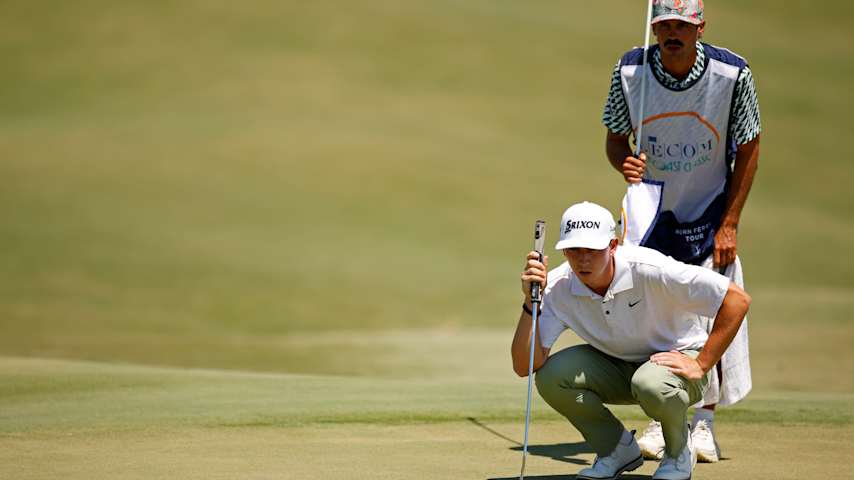Nate Stember lines up a putt on the 11th hole during the second round of the LECOM Suncoast Classic at Lakewood National Golf Club on April 17, 2025 in Lakewood Ranch, Florida. (Mike Ehrmann/Getty Images)