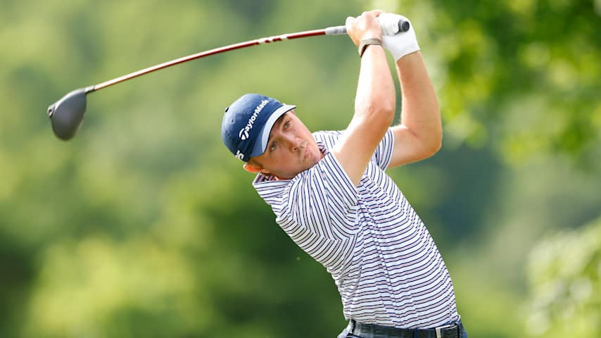 Owen Stamper of the United States plays his shot from the 2nd tee during the first round of the Visit Knoxville Open 2025 at Holston Hills Country Club on May 22, 2025 in Knoxville, Tennessee. (Johnnie Izquierdo/Getty Images)