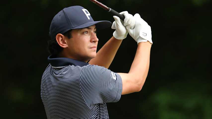 Patrick Welch plays his tee shot on the fourth hole during the first round of the UNC Health Championship presented by STITCH 2025 at Raleigh Country Club on May 29, 2025 in Raleigh, North Carolina. (Grant Halverson/Getty Images)