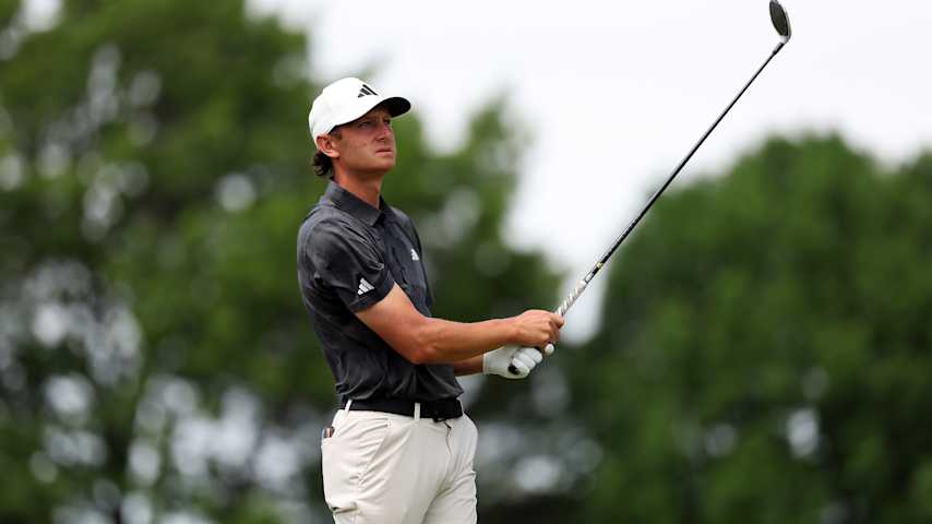 Peter Kuest of the United States plays his shot on the fourth hole during the first round of the AdventHealth Championship 2025 at Blue Hills Country Club on May 15, 2025 in Kansas City, Missouri. (David Berding/Getty Images)