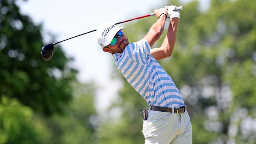 Raul Pereda of Mexico plays his shot on the fourth hole during the second round of the AdventHealth Championship 2025 at Blue Hills Country Club on May 16, 2025 in Kansas City, Missouri. (David Berding/Getty Images)