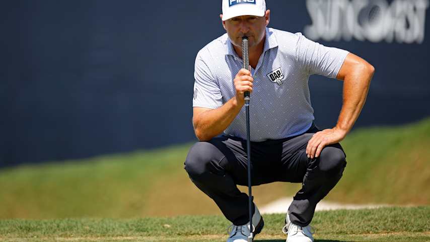 Rob Oppenheim  lines up a putt on the 18th hole during the second  round of the LECOM Suncoast Classic at Lakewood National Golf Club on April 17, 2025 in Lakewood Ranch, Florida. (Mike Ehrmann/Getty Images)
