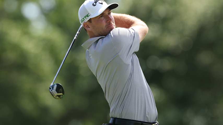 Robby Shelton of the United States plays his shot from the second tee during the second round of the ONEflight Myrtle Beach Classic 2025 at Dunes Golf & Beach Club on May 09, 2025 in Myrtle Beach, South Carolina. (Andy Lyons/Getty Images)