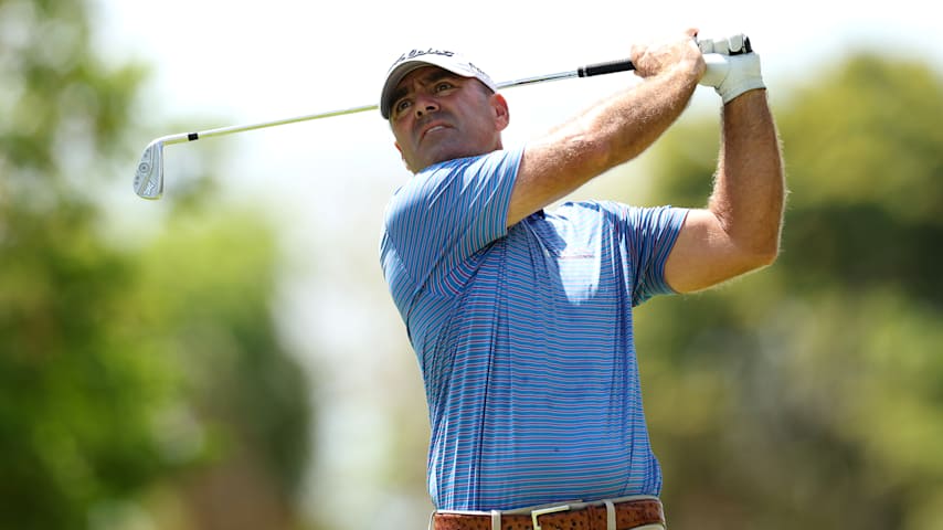 Ryan Armour of the United States plays his shot from the second tee during the final round of the 2025 Tulum Championship at PGA Riviera Maya on May 04, 2025 in Tulum, Mexico. (Luke Hales/Getty Images)