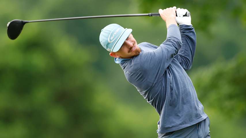 Sam Bennett of the United States plays his shot from the second tee during the first round of the Visit Knoxville Open 2025 at Holston Hills Country Club on May 22, 2025 in Knoxville, Tennessee. (Johnnie Izquierdo/Getty Images)
