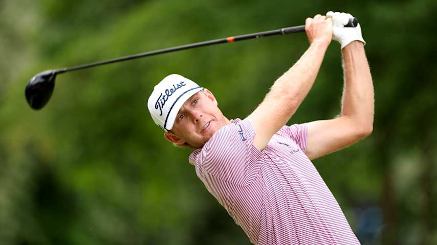 Samuel Anderson plays his tee shot on the 12th hole during the second round of the UNC Health Championship presented by STITCH 2025 at Raleigh Country Club on May 30, 2025 in Raleigh, North Carolina. (Grant Halverson/Getty Images)