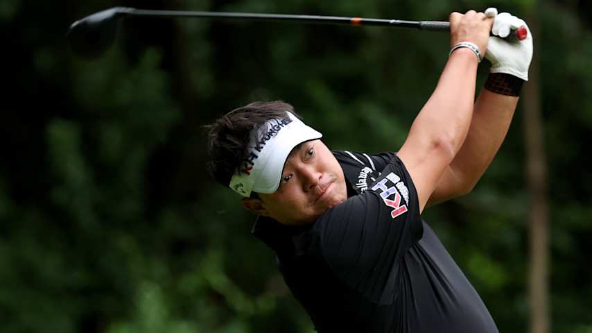 Seungtaek Lee of the Republic of South Korea plays his tee shot on the second hole during the second round of the UNC Health Championship presented by STITCH 2025 at Raleigh Country Club on May 30, 2025 in Raleigh, North Carolina. (Grant Halverson/Getty Images)