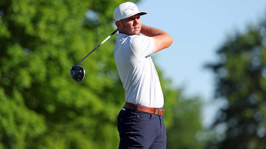 Tanner Gore of the United States plays his shot on the fourth hole during the second round of the AdventHealth Championship 2025 at Blue Hills Country Club on May 16, 2025 in Kansas City, Missouri. (David Berding/Getty Images)