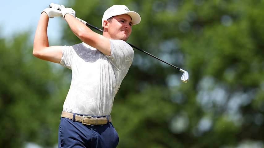 Trent Phillips plays his shot on the fourth hole during the third round of the AdventHealth Championship 2025 at Blue Hills Country Club on May 17, 2025 in Kansas City, Missouri. (David Berding/Getty Images)