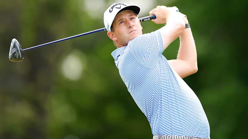 Zach James of the United States plays his shot from the 17th tee during the first round of the Visit Knoxville Open 2025 at Holston Hills Country Club on May 22, 2025 in Knoxville, Tennessee. (Johnnie Izquierdo/Getty Images)