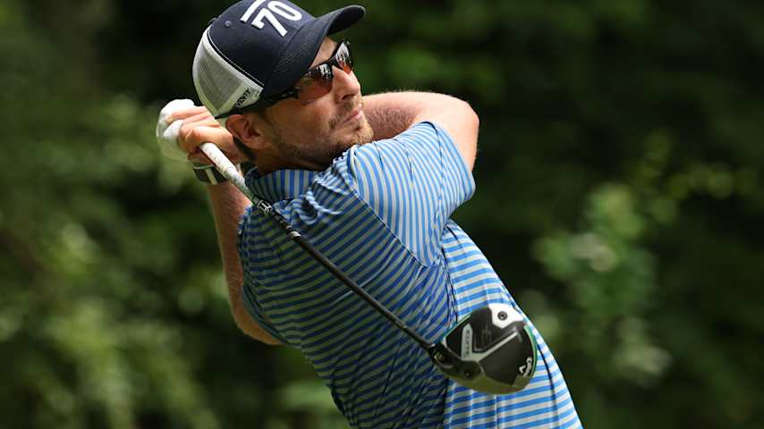 Zack Fischer plays his tee shot on the second hole during the first round of the UNC Health Championship presented by STITCH 2025 at Raleigh Country Club on May 29, 2025 in Raleigh, North Carolina. (Grant Halverson/Getty Images)