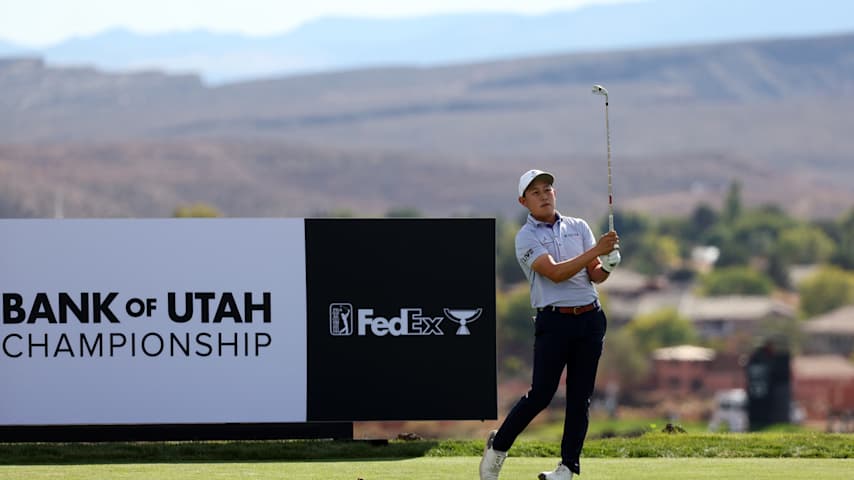Dylan Wu of the United States plays his shot from the 15th teeduring the first round of the Bank of Utah Championship 2025 at Black Desert Resort on October 23, 2025 in St George, Utah. (Mike Mulholland/Getty Images)