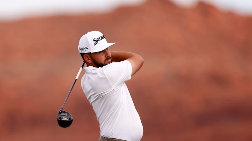 Hayden Buckley of the United States plays his shot from the fourth tee during the third round of the Bank of Utah Championship 2025 at Black Desert Resort on October 25, 2025 in St George, Utah. (Justin Edmonds/Getty Images)