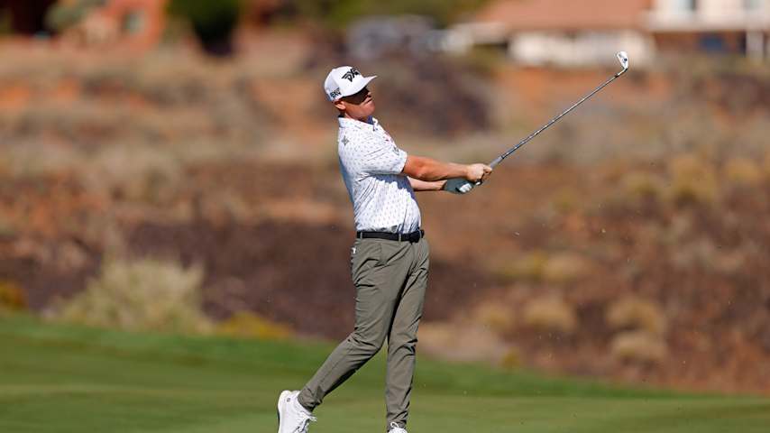 Patrick Fishburn of the United States plays a shot on the 18th hole during the second round of the Bank of Utah Championship 2025 at Black Desert Resort on October 24, 2025 in St George, Utah. (Justin Edmonds/Getty Images)