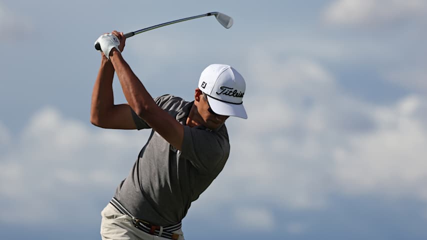 Ricky Castilloof the United States plays his shot from the 15th tee during the first round of the Bank of Utah Championship 2025 at Black Desert Resort on October 23, 2025 in St George, Utah. (Mike Mulholland/Getty Images)