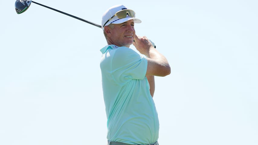 Vince Covello of the United States plays his shot from the 14th tee during the second round of the World Wide Technology Championship 2025 at El Cardonal at Diamante on November 07, 2025 in Cabo San Lucas, Mexico. (Alex Slitz/Getty Images)