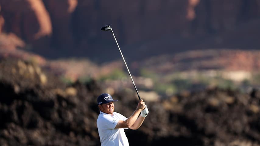 Zac Blair of the United States plays his shot from the fourth tee during the second round of the Bank of Utah Championship 2025 at Black Desert Resort on October 24, 2025 in St George, Utah. (Mike Mulholland/Getty Images)