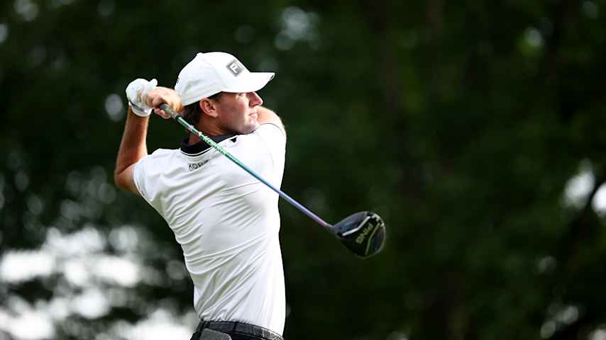 Austin Eckroat of the United States hits a tee shot on the fifth hole during the second round of the PGA Championship at Quail Hollow Country Club on May 16, 2025 in Charlotte, North Carolina. (Jared C. Tilton/Getty Images)