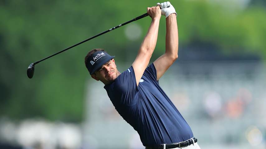 Beau Hossler of the United States hits his second shot on the 10th hole during the second round of the PGA Championship at Quail Hollow Country Club on May 16, 2025 in Charlotte, North Carolina. (David Cannon/Getty Images)