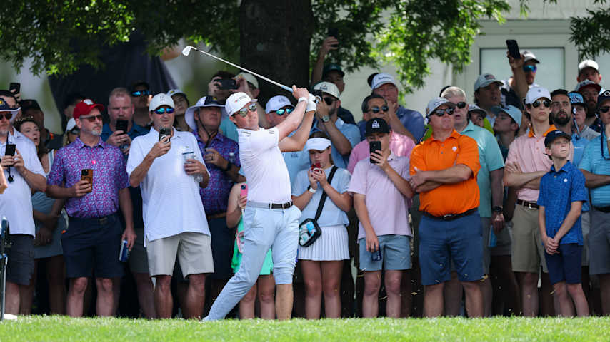 Ben Griffin of the United States plays a shot on the first hole during the third round of the PGA Championship at Quail Hollow Country Club on May 17, 2025 in Charlotte, North Carolina. (Warren Little/Getty Images)