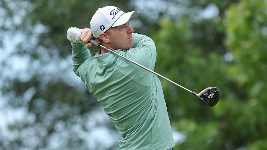 Hayden Springer of the United States plays his shot from the 11th tee during the second round of the ONEflight Myrtle Beach Classic 2025 at Dunes Golf & Beach Club on May 09, 2025 in Myrtle Beach, South Carolina. (Jonathan Bachman/Getty Images)
