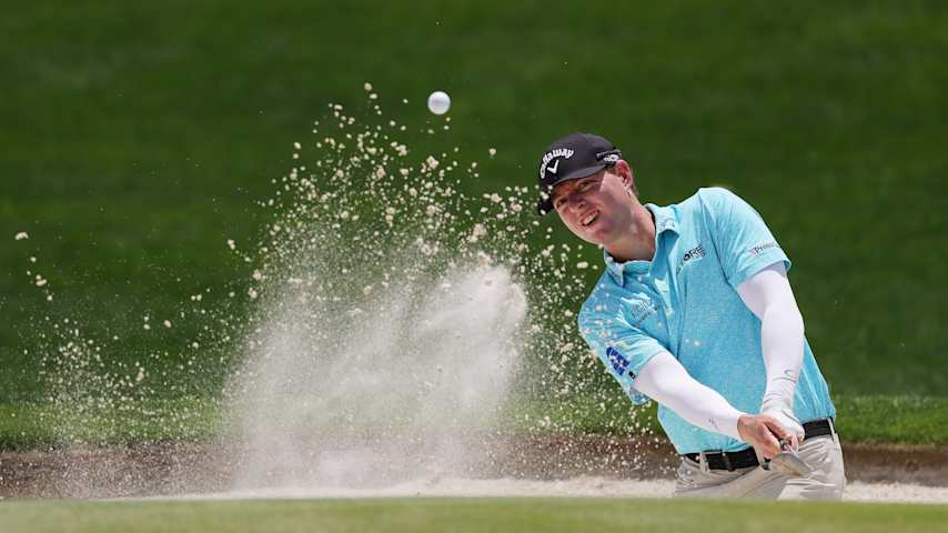 Max Greyserman of the United States plays a shot from a bunker on the first hole during the final round of the PGA Championship at Quail Hollow Country Club on May 18, 2025 in Charlotte, North Carolina. (Andrew Redington/Getty Images)