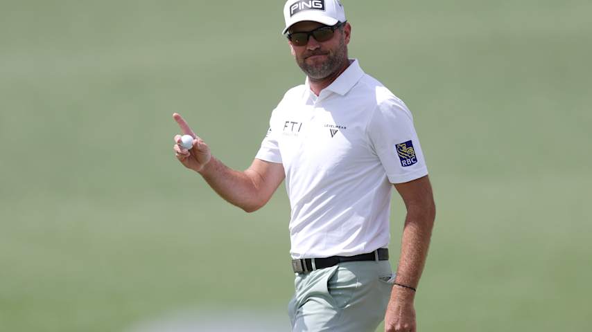 Corey Conners of Canada acknowledges the crowd following a birdie putt on the second green during the third round of the 2025 Masters Tournament at Augusta National Golf Club on April 12, 2025 in Augusta, Georgia. (Andrew Redington/Getty Images)