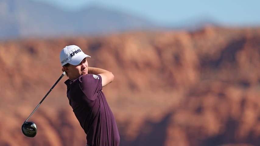 Maverick McNealy of the United States plays his shot from the fourth tee during the second round of the Bank of Utah Championship 2025 at Black Desert Resort on October 24, 2025 in St George, Utah. (Mike Mulholland/Getty Images)