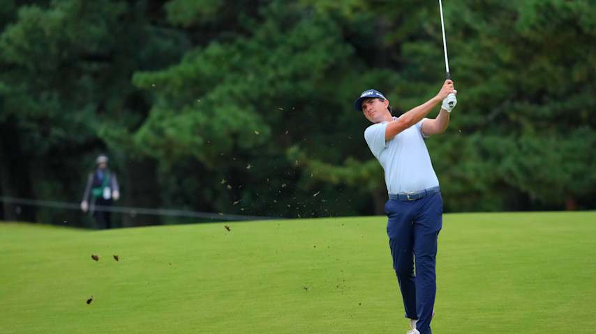 Nico Echavarria of Colombia hits his second shot on the 14th hole during the final round of the Baycurrent Classic Presented by LEXUS at Yokohama Country Club on October 12, 2025 in Yokohama, Kanagawa, Japan. (Yoshimasa Nakano/Getty Images)