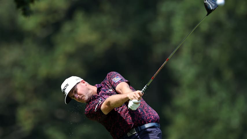 Taylor Pendrith of Canada plays his shot from the second tee during the final round of the BMW Championship 2025 at Caves Valley Golf Club on August 17, 2025 in Owings Mills, Maryland. (Kevin C. Cox/Getty Images)
