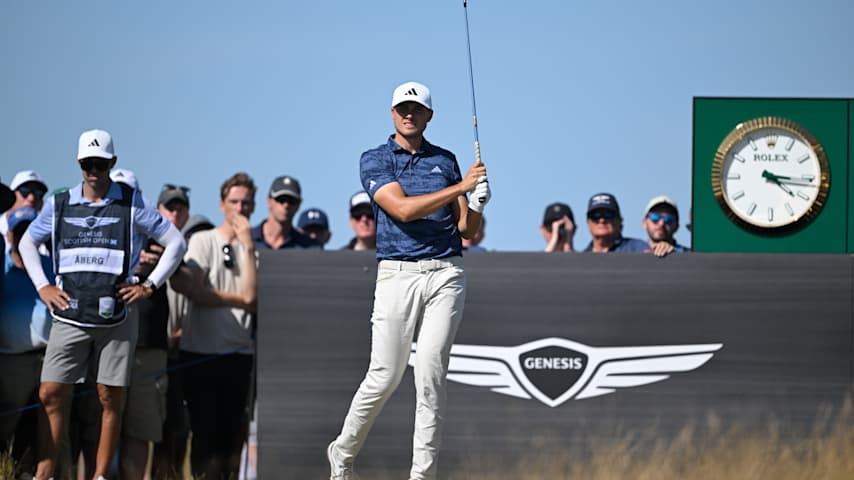 Ludvig Ã
berg of Sweden watches his tee shot on the ninth hole during the second round of Genesis Scottish Open at The Renaissance Club on July 11, 2025 in North Berwick, Scotland. (Ben Jared/PGA TOUR via Getty Images)
