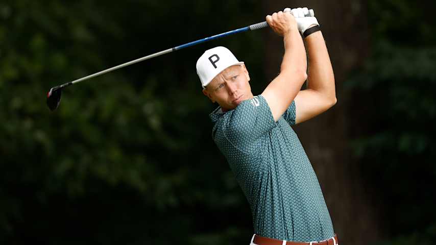 Matti Schmid of Germany plays his shot from the second tee during the final round of the Wyndham Championship 2025 at Sedgefield Country Club on August 03, 2025 in Greensboro, North Carolina. (Johnnie Izquierdo/Getty Images)