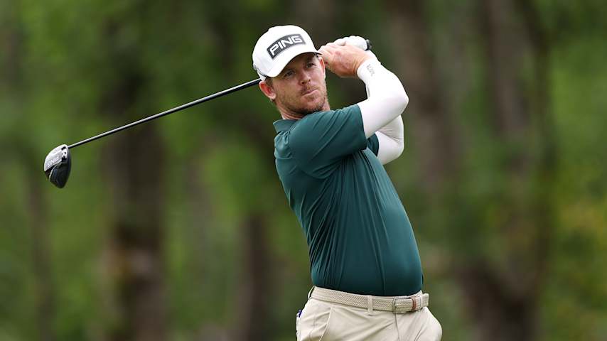 Brandon Stone of South Africa tees off on the third hole on day four of the BMW International Open 2025 at Golfclub Munchen Eichenried on July 06, 2025 in Munich, Germany. (Richard Heathcote/Getty Images)