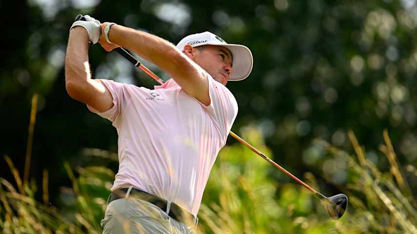 Brian Harman of the United States plays his shot from the 17th tee during the final round of the Travelers Championship 2025 at TPC River Highlands on June 22, 2025 in Cromwell, Connecticut. (Alex Goodlett/Getty Images)