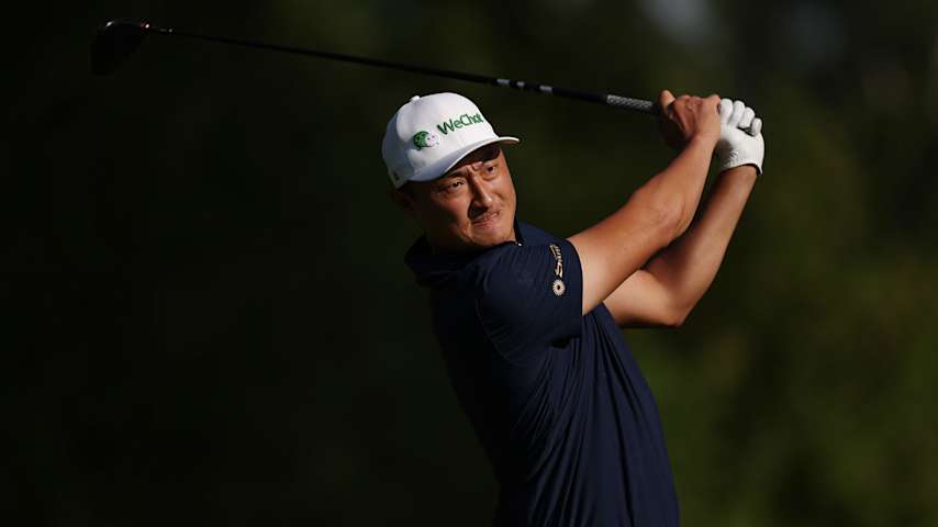 Haotong Li of China tees off on the 14th hole on day two of the BMW International Open 2025 at Golfclub Munchen Eichenried on July 04, 2025 in Munich, Germany. (Richard Heathcote/Getty Images)
