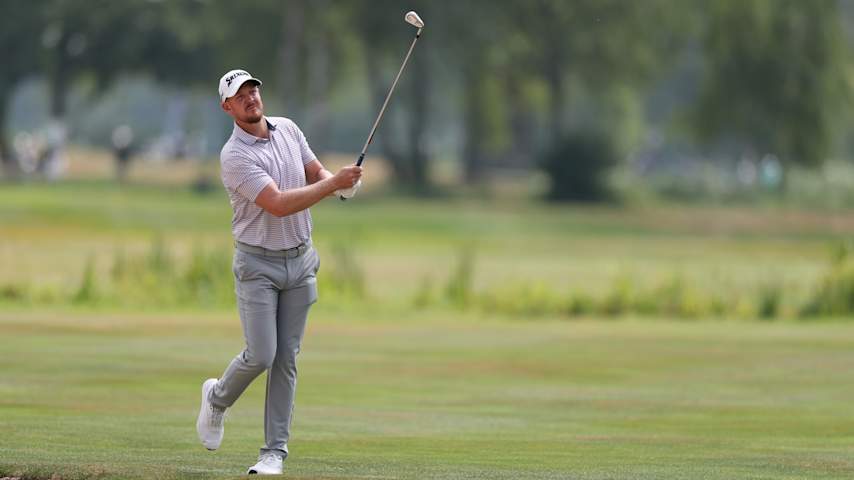 Jacques Kruyswijk of South Africa looks on following his second shot on the sixth hole on day two of the BMW International Open 2025 at Golfclub Munchen Eichenried on July 04, 2025 in Munich, Germany. (Richard Heathcote/Getty Images)