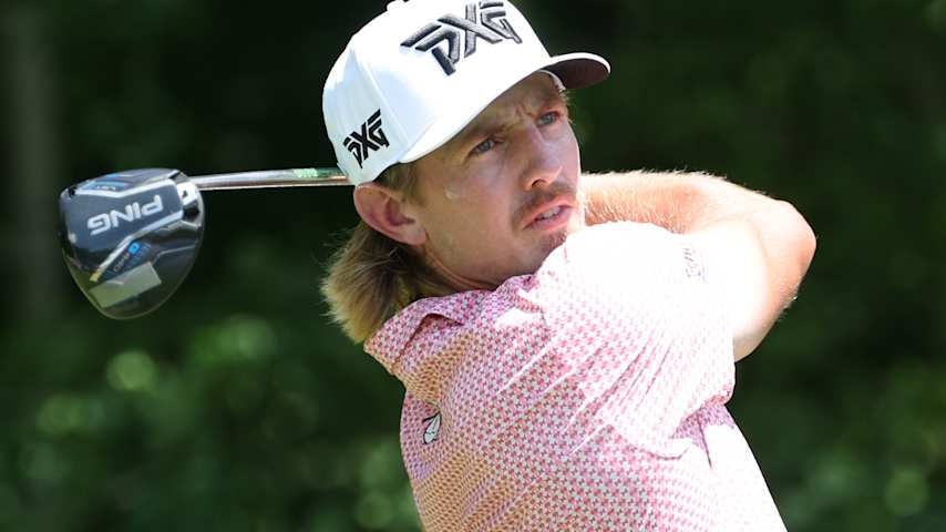Jake Knapp of the United States plays his shot from the second tee during the second round of the John Deere Classic 2025 at TPC Deere Run on July 04, 2025 in Silvis, Illinois. (David Berding/Getty Images)