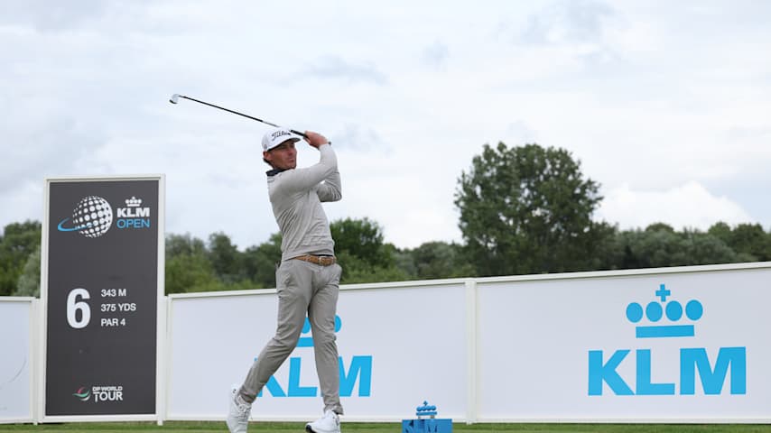 Jordan Gumberg of the United States tees off on the sixth hole on day two of the KLM Open 2025 at The International Golfclub on June 06, 2025 in Badhoevedorp, Netherlands. (Stuart Franklin/Getty Images)